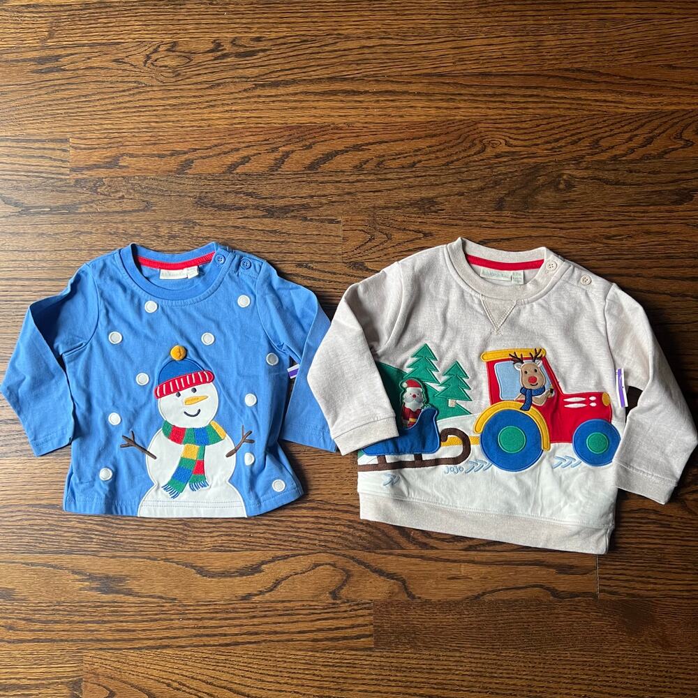 New Jojo Maman Bebe Snowman and Santa Applique Shirt and Sweatshirt 6-12 months
